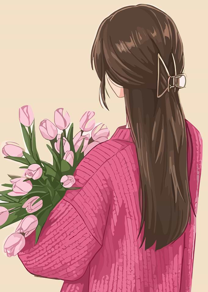 Girl with Tulips in Pink Sweater