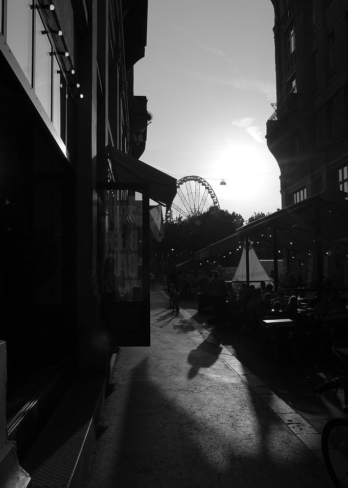 Black and White Cityscape with Ferris Wheel