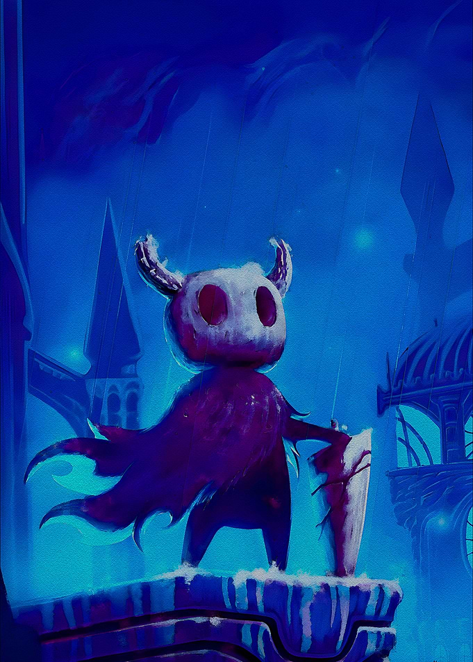 Hollow Knight in Blue Cityscape Painting