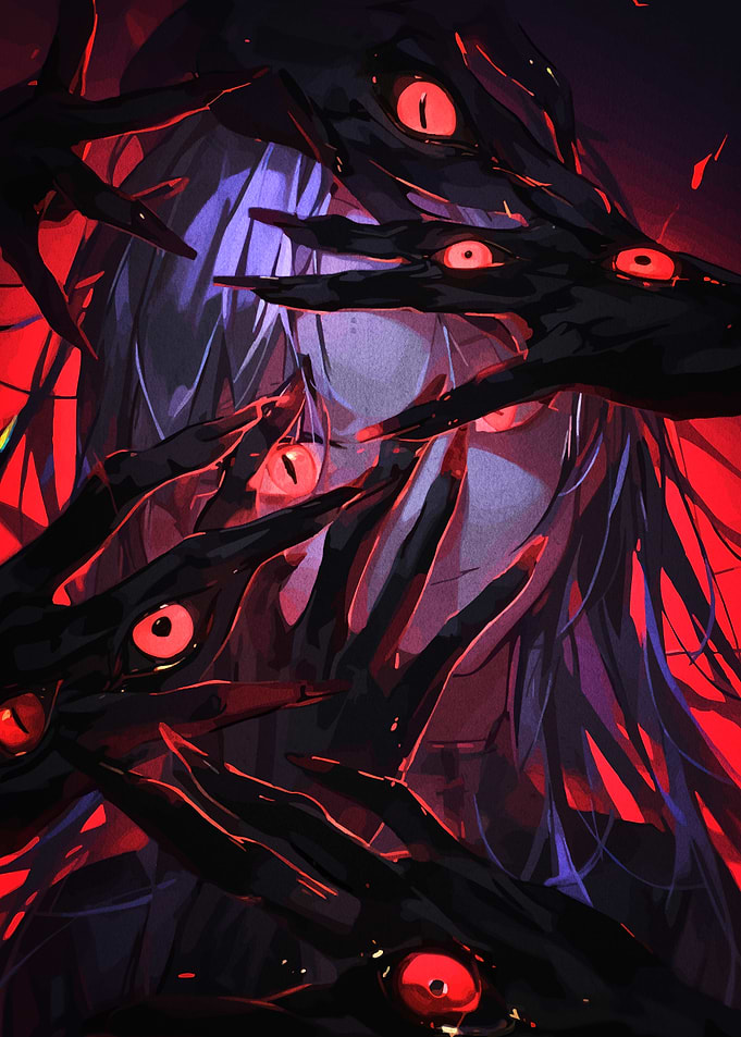 Eerie Figure Surrounded by Eyed Hands