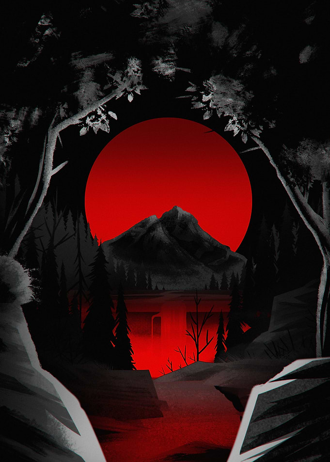 Red Moon Over Dark Mountain Landscape