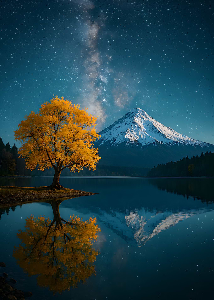 Autumn Tree Reflecting in Lake at Night