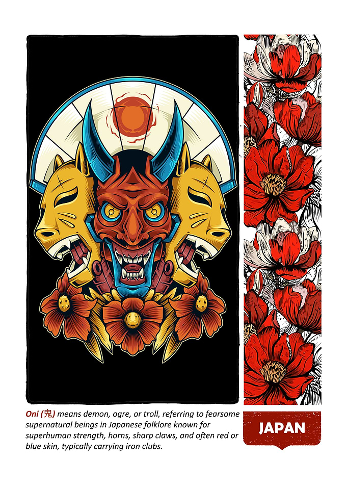 Japanese Oni Mask and Floral Design