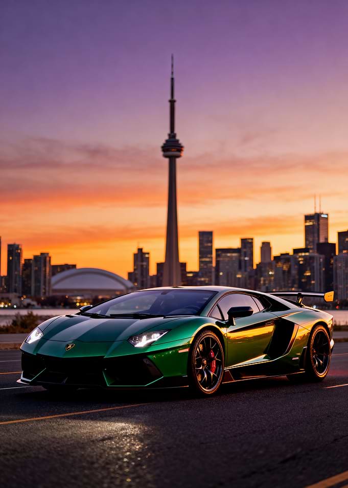 Green Lamborghini Aventador with Toronto Skyline