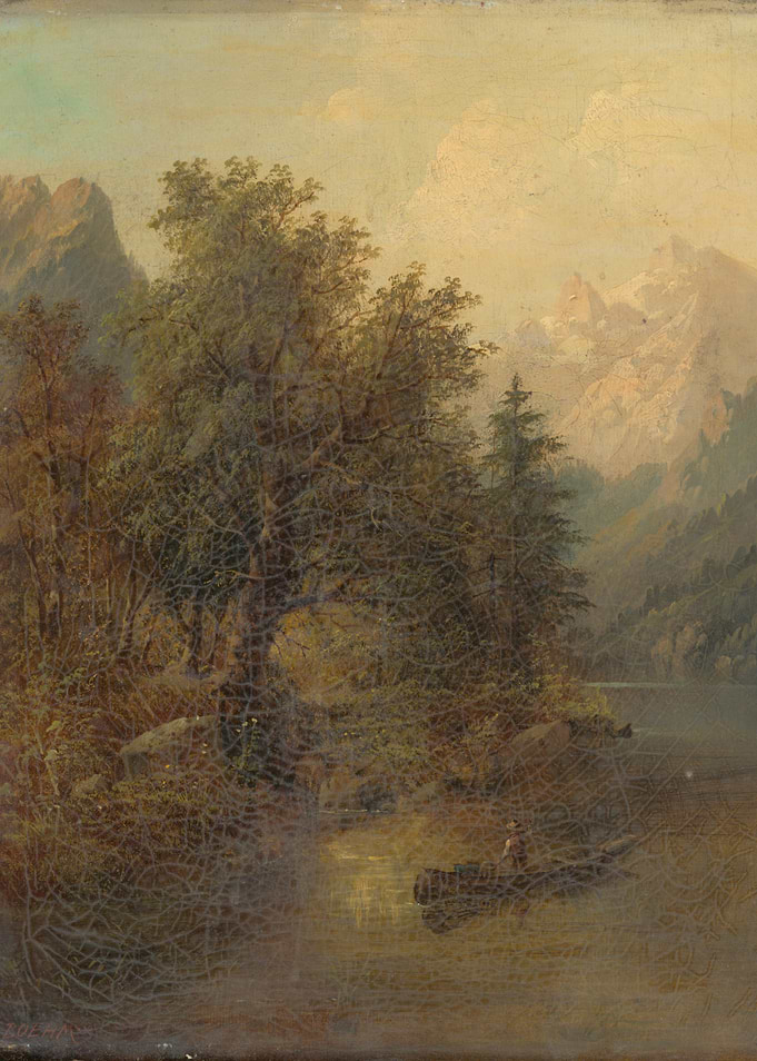 Mountain Lake Landscape Painting with Boat