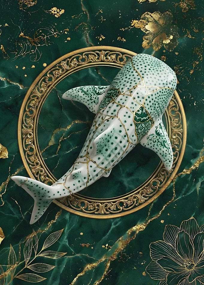 Porcelain Shark with Kintsugi on Emerald