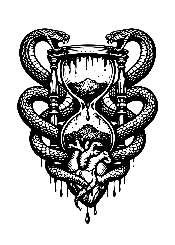 Hourglass, Snakes, and Heart Illustration