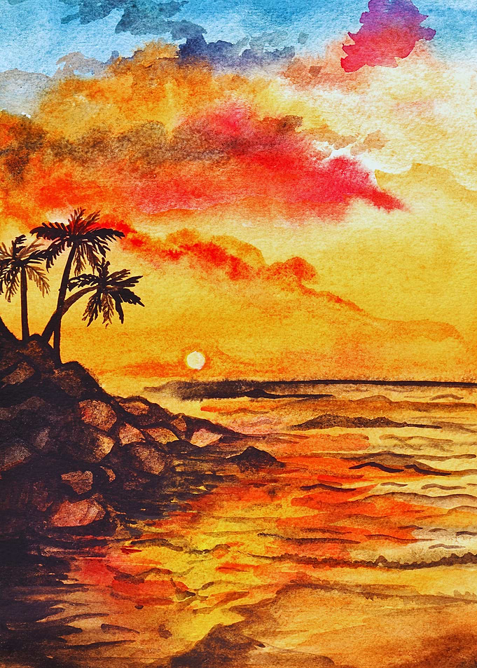 Watercolor Tropical Sunset Seascape Painting