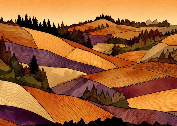 Watercolor Landscape with Fields and Trees