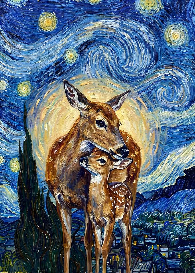 Deer Family in Starry Night Style