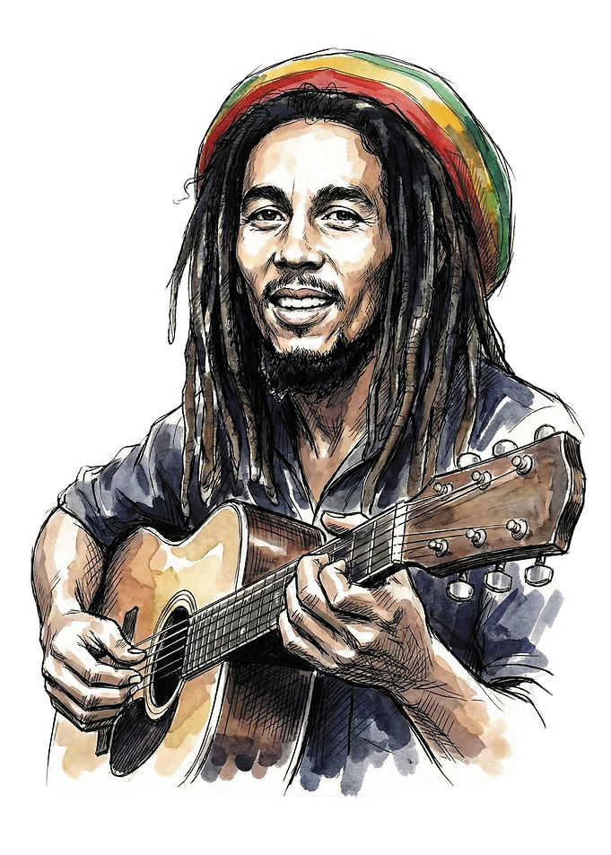 Bob Marley Watercolor Portrait with Guitar