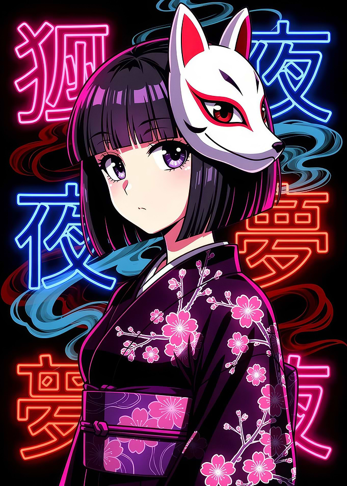 Anime Girl with Fox Mask and Kimono