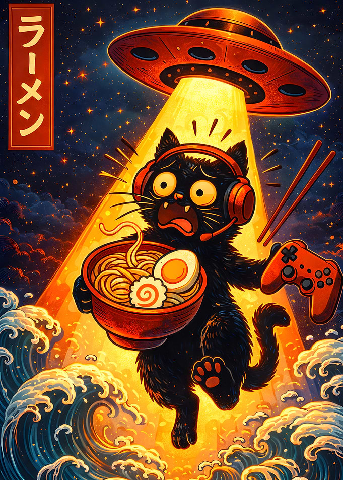 Abducted Gamer Cat with Ramen