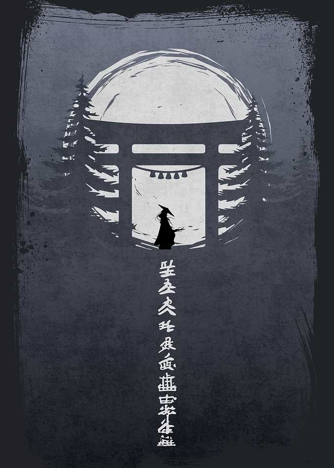 Japanese Shrine Silhouette with Figure