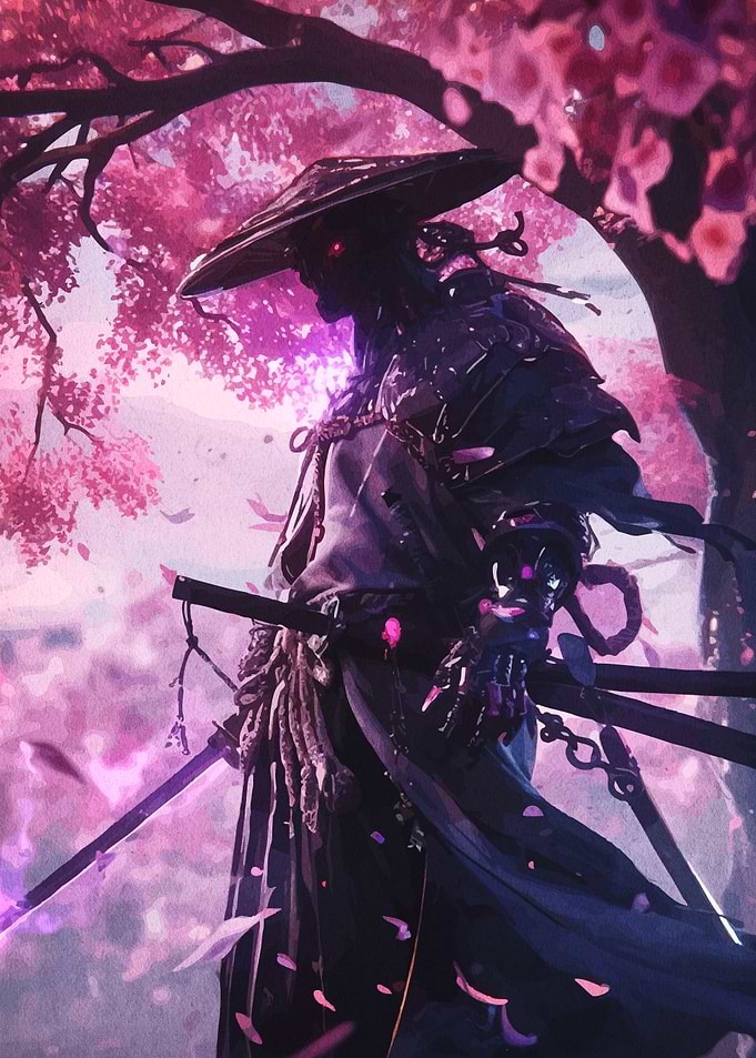 Samurai in Cherry Blossom Garden