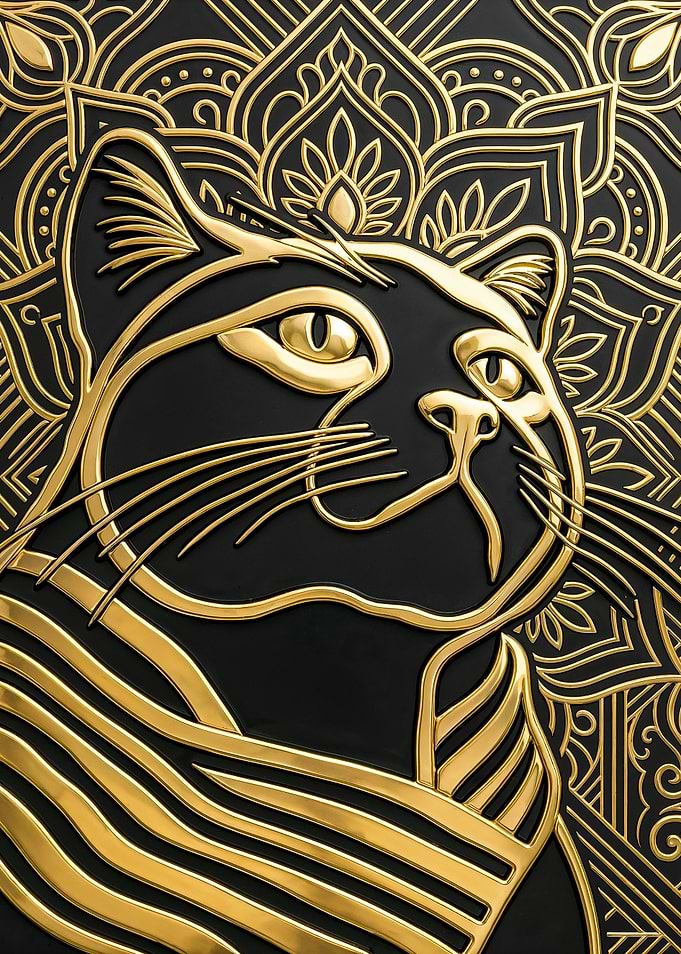 Art Deco Black Cat in Gold Linework