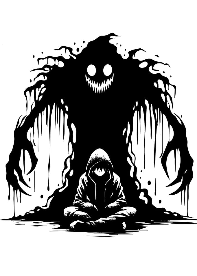 Hooded Figure with Shadow Monster