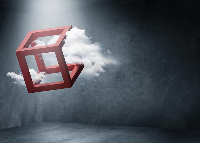 Red Cube with Clouds in Room
