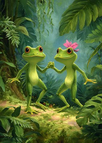 Two Frogs Holding Hands in Jungle