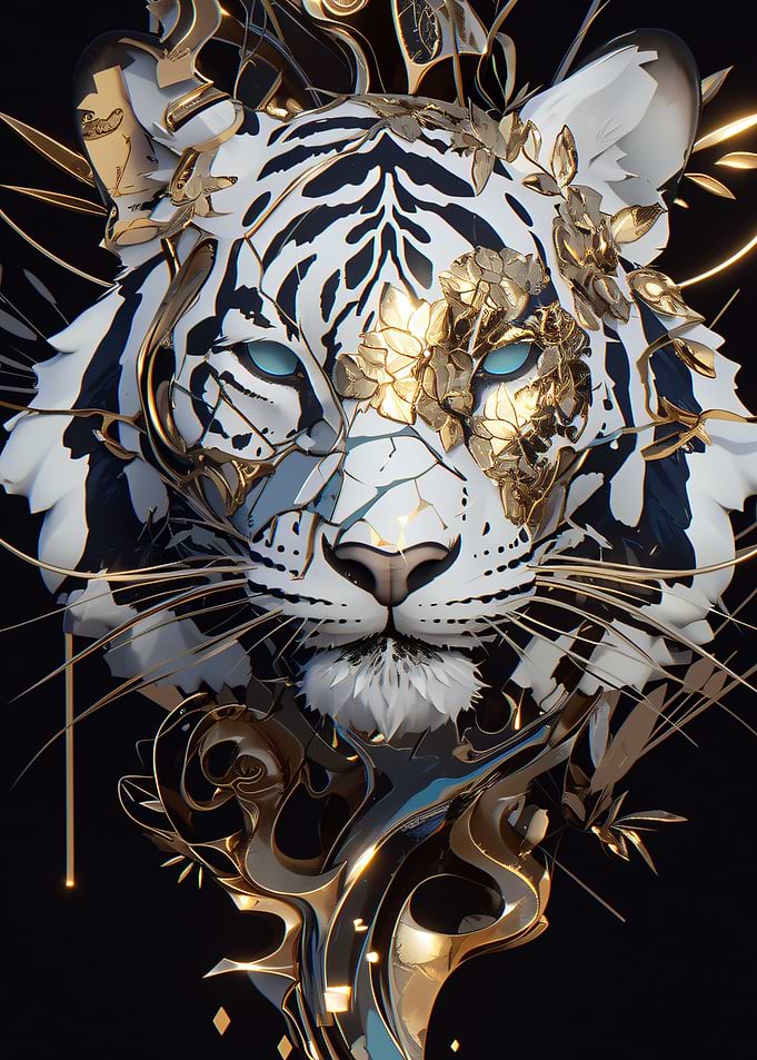White Tiger with Golden Floral Adornments