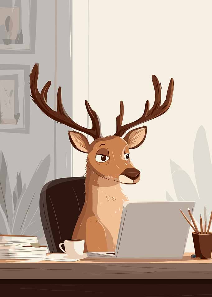 Cartoon Deer Working at a Desk