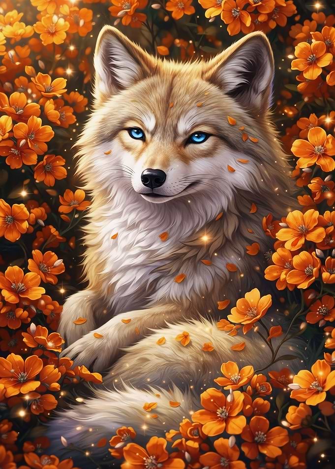 Wolf Among Marigold Blooms