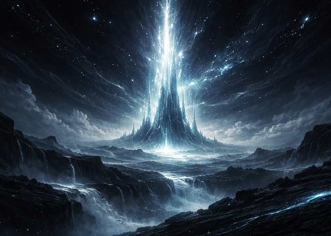 Mystical Mountain Peak with Celestial Light
