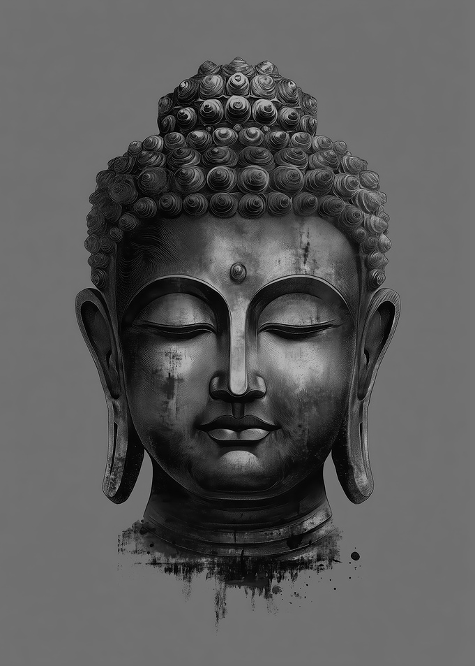 Buddha Head Portrait in Gray Tones