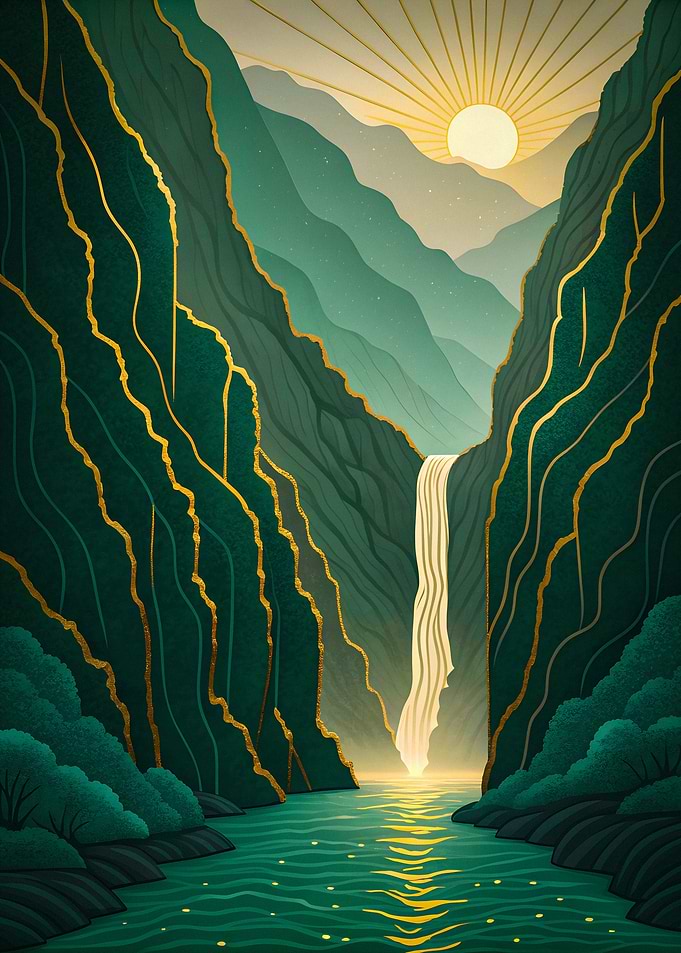 Luminous Emerald Waterfall Sunlit Golden Accents Mountain Valley