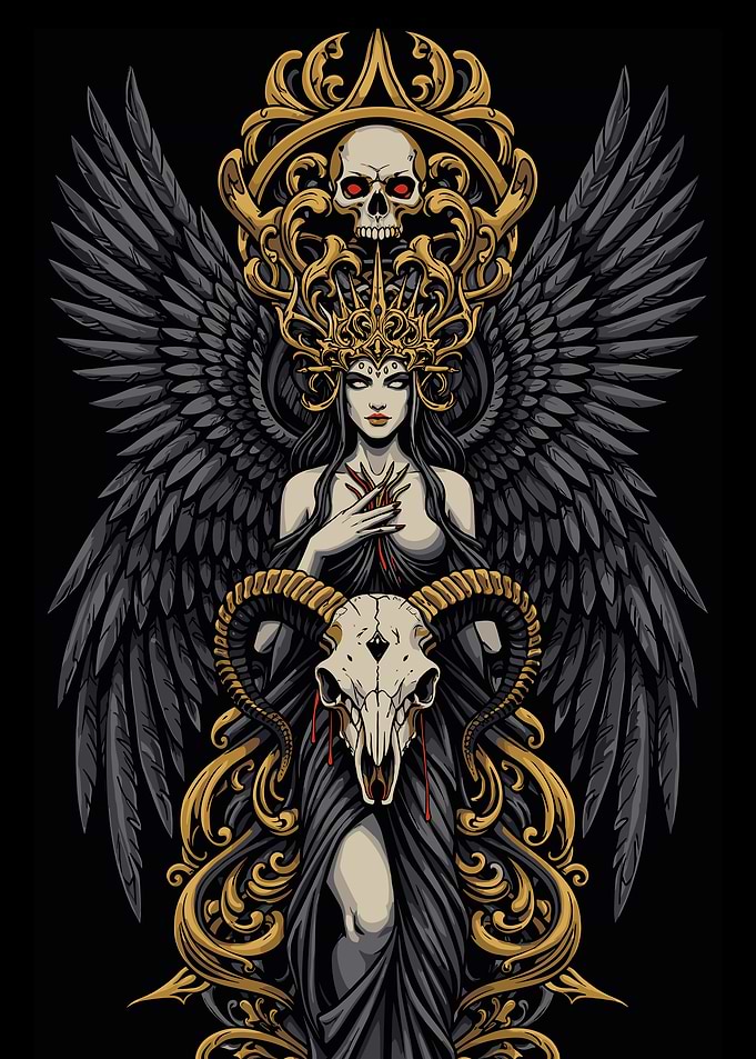 Dark Angel with Skull and Wings
