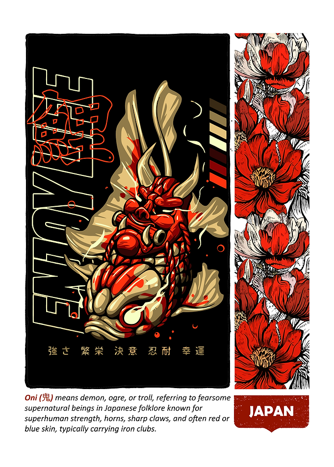 Japanese Oni Demon and Floral Design