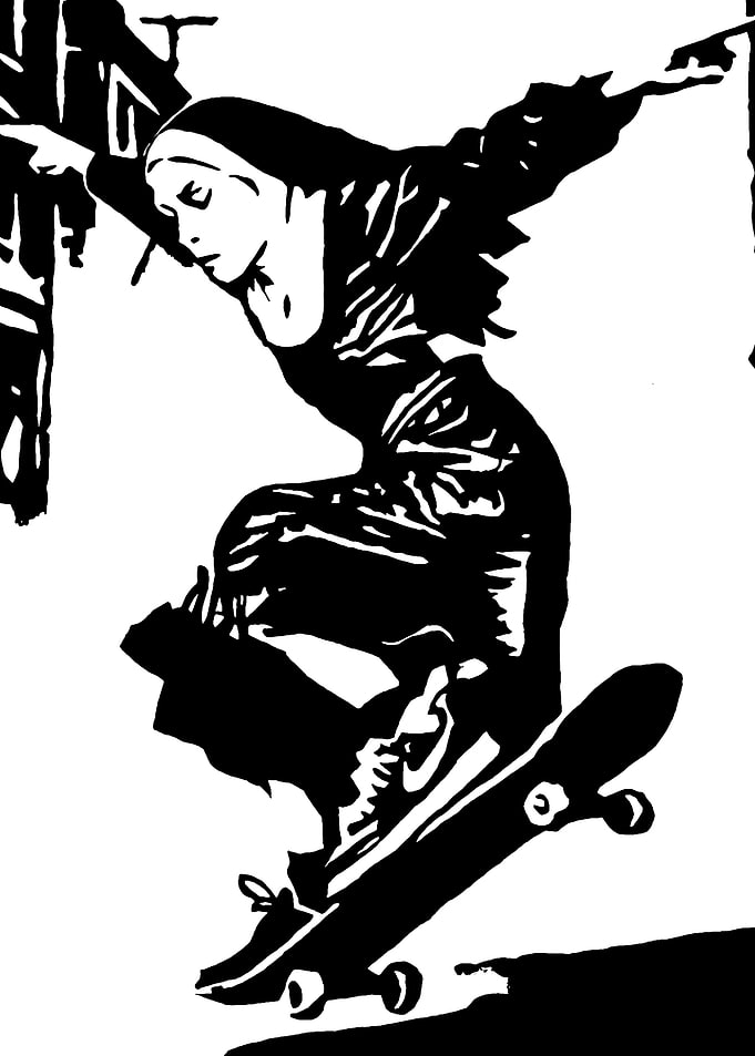 Skateboarding Nun Black and White Art