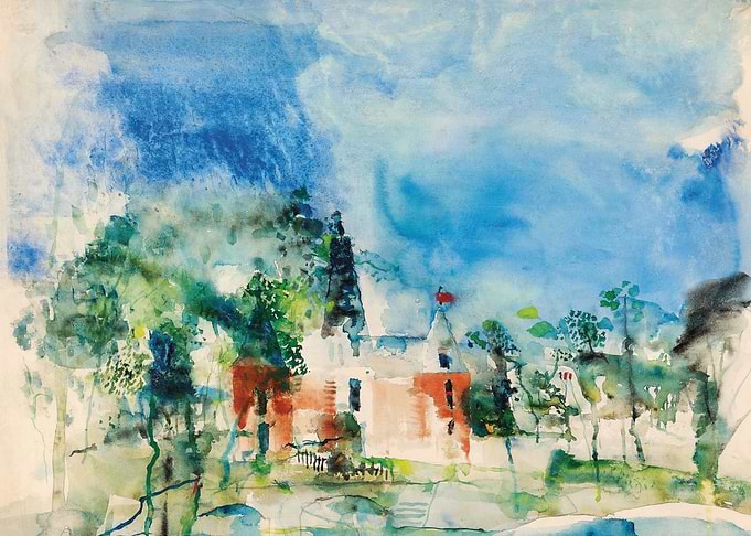 Watercolor Landscape with Building and Trees