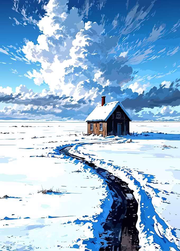 Winter House Landscape with Snowy Path