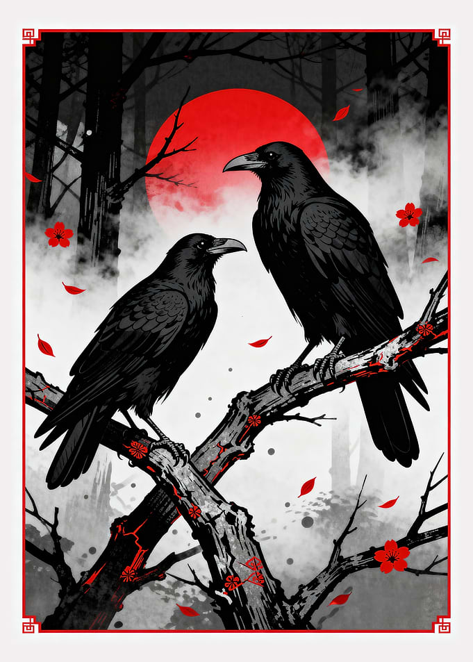Two Ravens in a Forest Scene