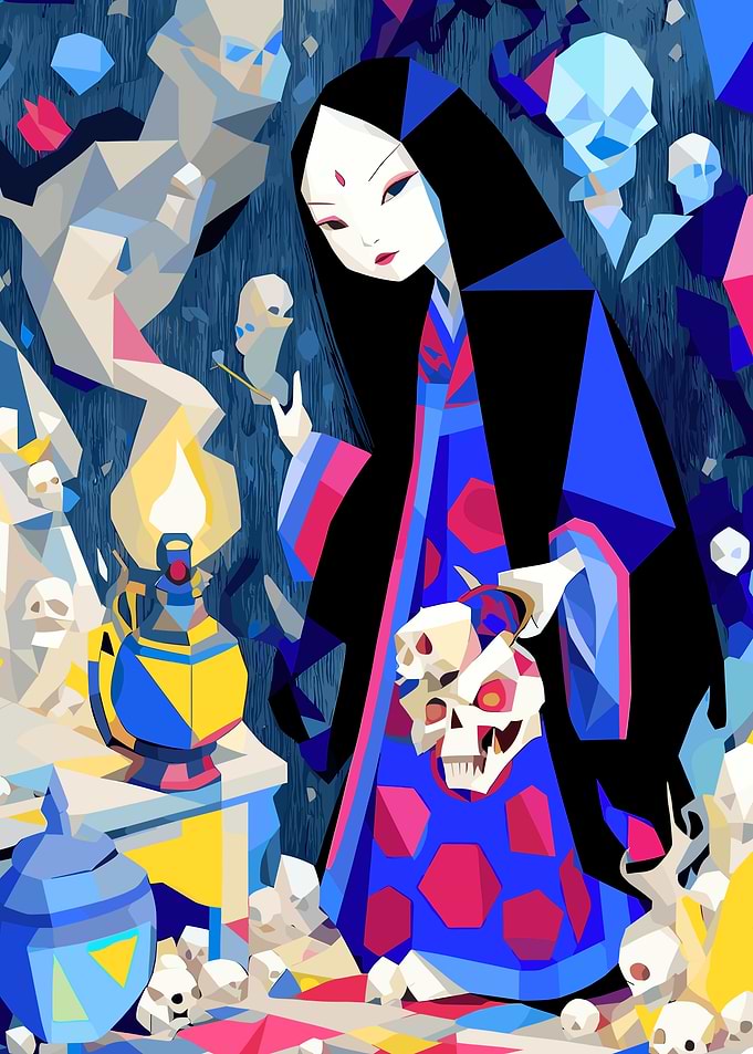 Geometric Woman with Skulls and Lantern