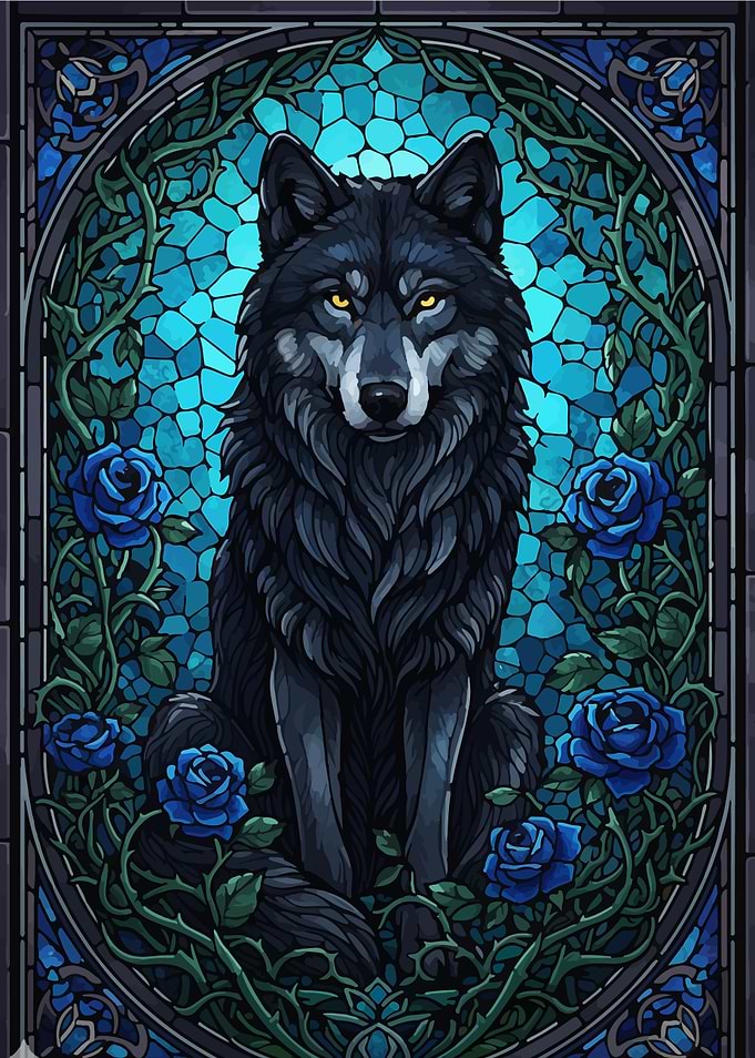 Wolf and Roses Stained Glass Art