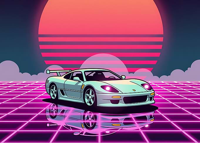 Retro Synthwave Sports Car on Neon Grid Sunset Background