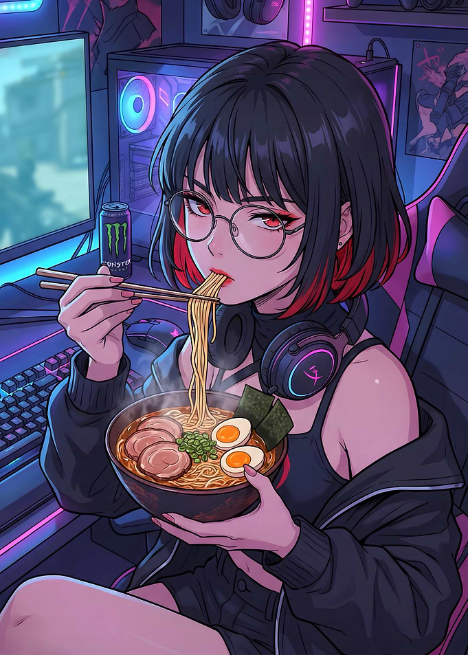 Anime Girl Eating Ramen in Gaming Setup