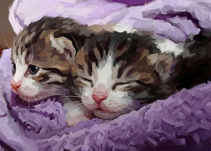 Two Kittens Snuggling in Purple Blanket