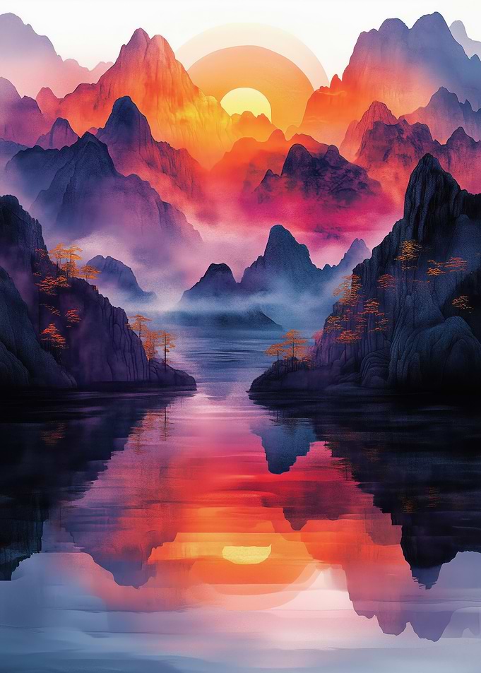 Mountain Landscape with Sunset Reflection