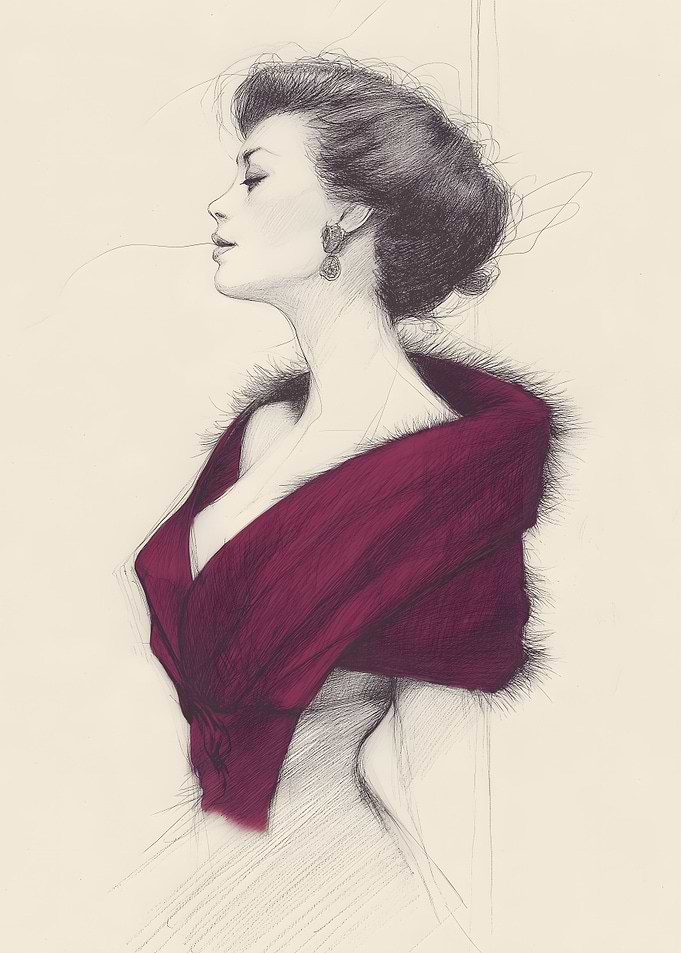 Elegant Woman in Shawl Pencil Sketch