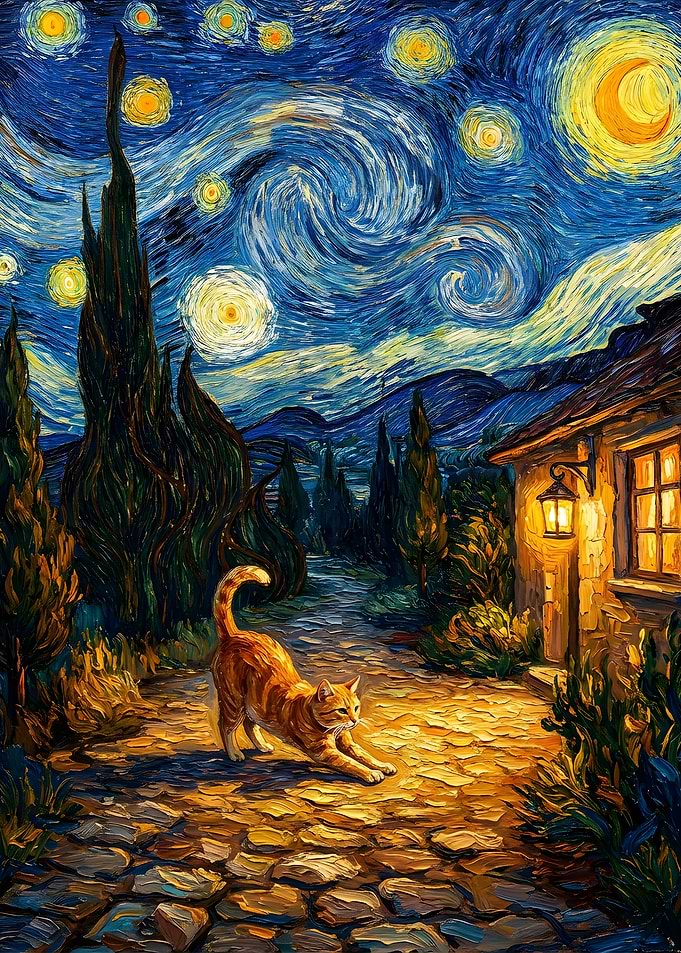 Cat Stretching Under Starry Night Sky