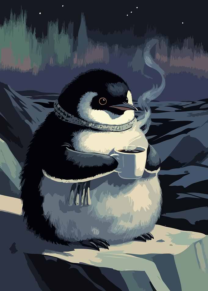 Penguin with Coffee Cozy Art