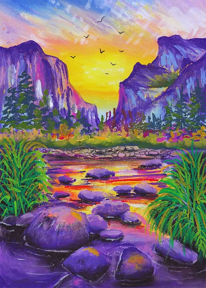 Colorful Mountain Landscape Painting with River