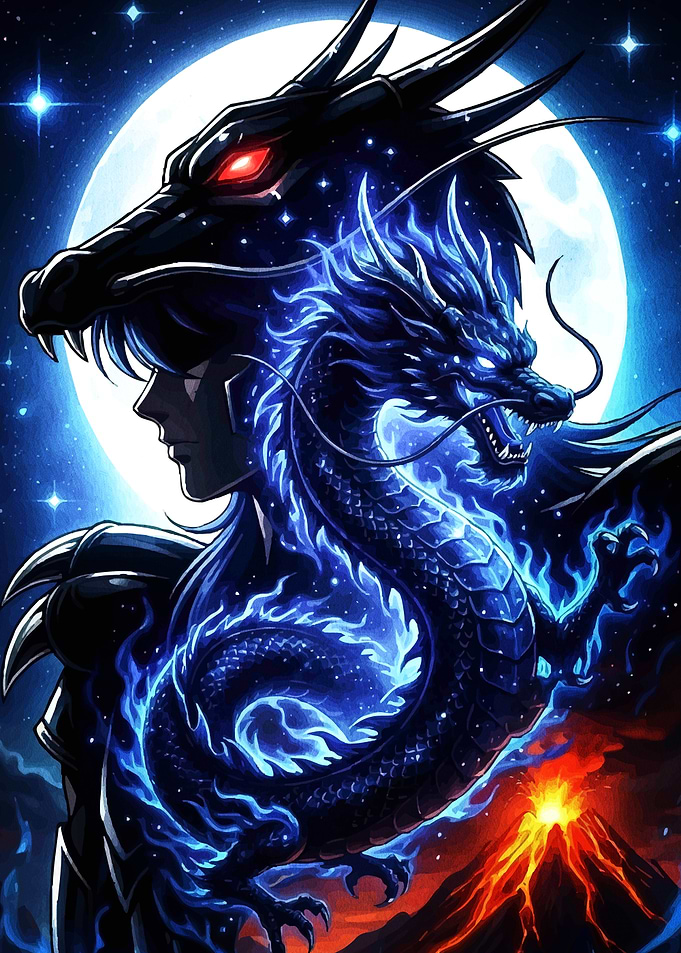 Anime Character with Dragon and Moon