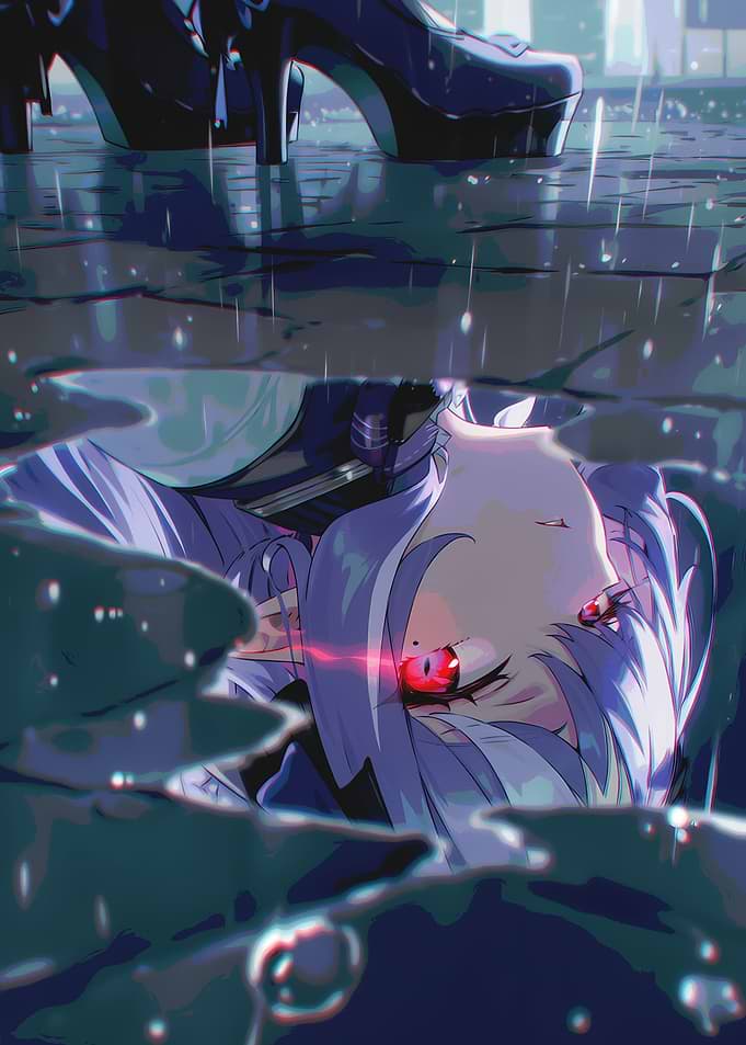 Anime Girl Reflection in Rainy Puddle