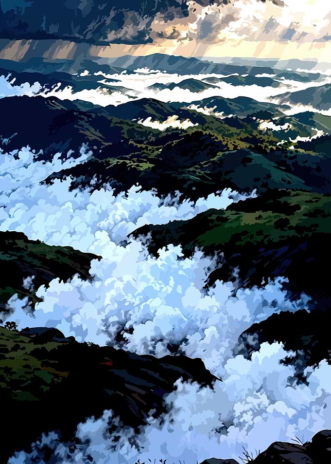 Mountain range with clouds and sunlight