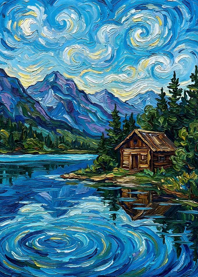 Cabin by the Lake Painting