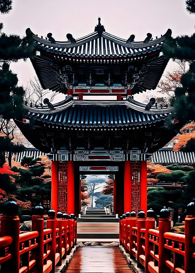 Traditional Asian Pagoda and Bridge